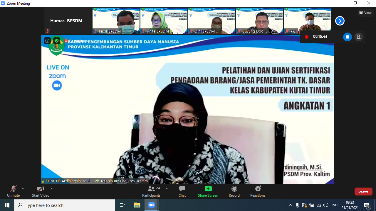Pembukaan Pelatihan dan Ujian Sertifikasi Pengadaan Barang/Jasa (PBJ) Pemerintah Tk. Dasar Kelas Kabupaten Kutai Timur Angkatan I