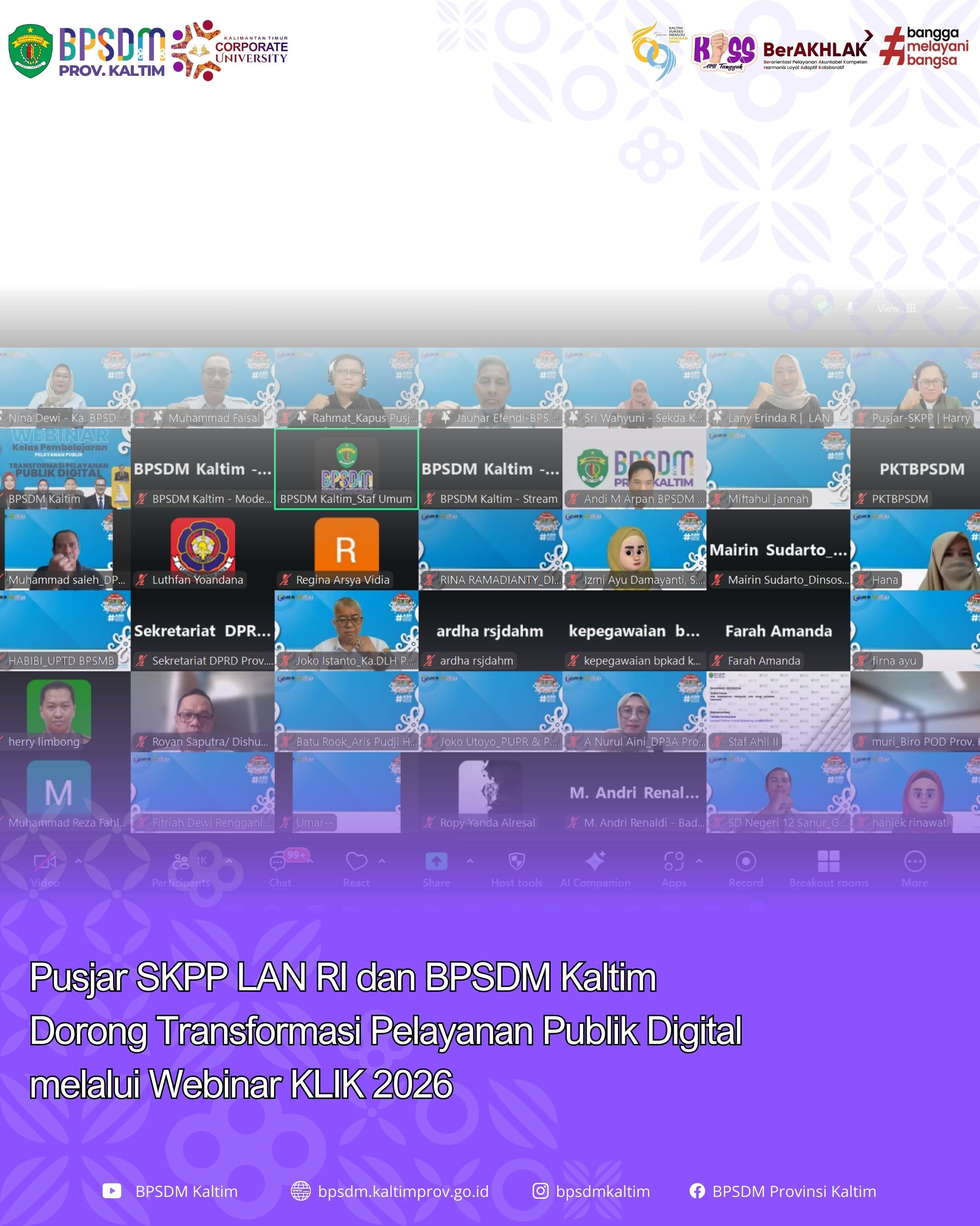 Pusjar SKPP LAN RI dan BPSDM Kaltim Dorong Transformasi Pelayanan Publik Digital melalui Webinar KLIK 2026